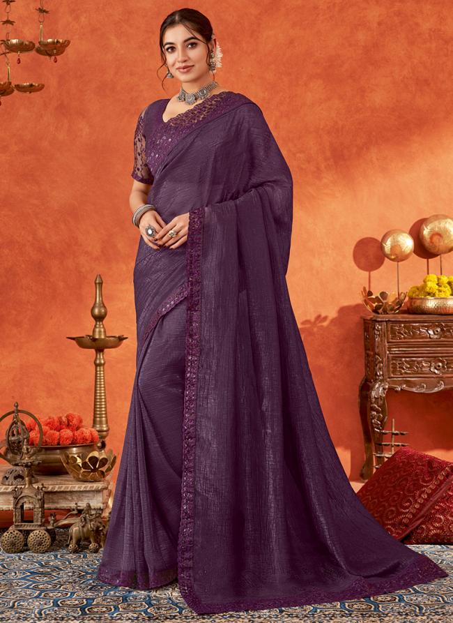 Chiffon Purple Party Wear Embroidery Work Saree